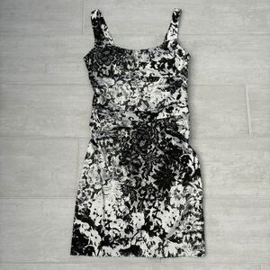 Bisou Bisou Mini Dress Ruched Black & White Floral Print Cocktail Sleeveless 8